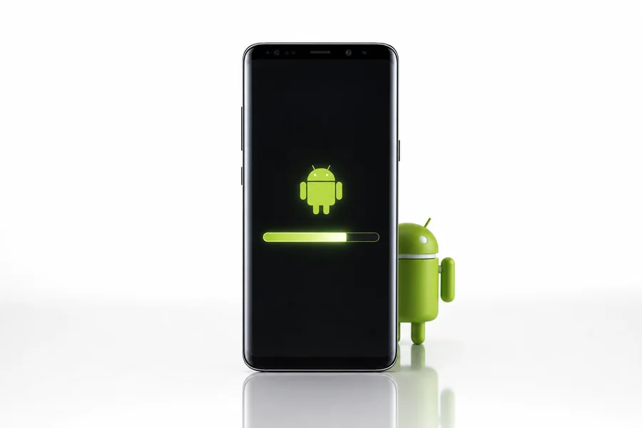 Android phone with download progress in a white studio shot