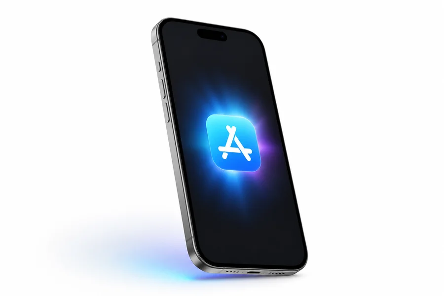iPhone at an angle with soft App Store style glow