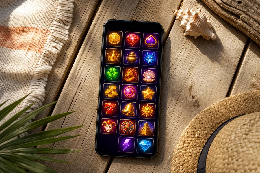 Smartphone on wooden deck showing colourful casino game icons