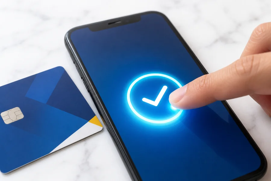 Finger on smartphone payment confirmation with card on marble