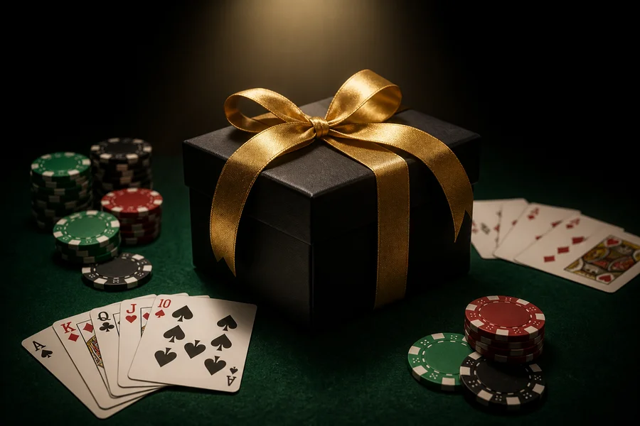 Black gift box with gold ribbon on green felt with chips and playing cards