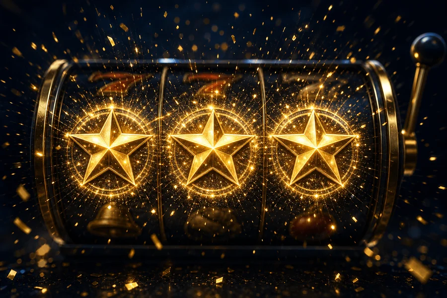 Slot reels with golden symbols and neon burst