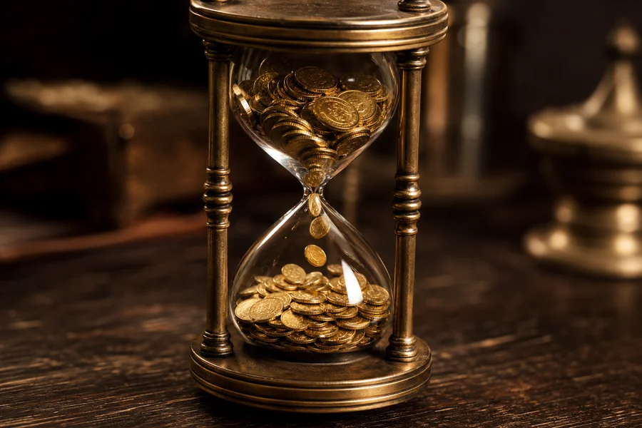 Brass hourglass with gold coins on dark wood
