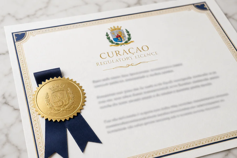 Regulatory licence certificate with gold seal on marble