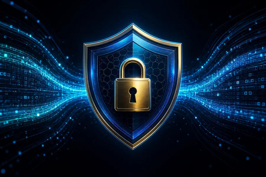 Digital shield with padlock and encrypted data streams