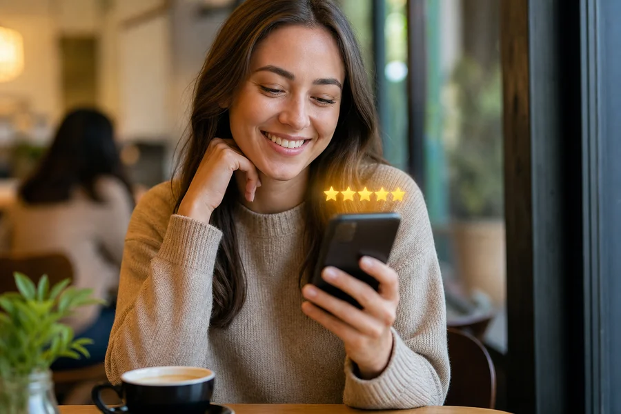Smiling person with smartphone showing star rating in a cafe