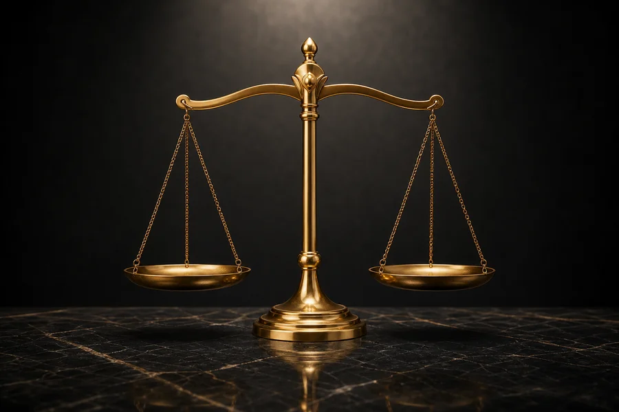 Gold scales of justice on dark marble