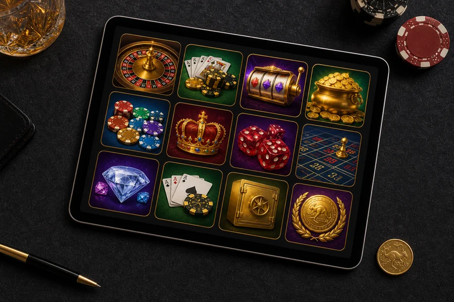Tablet showing casino game tiles on dark felt with an Australian dollar coin