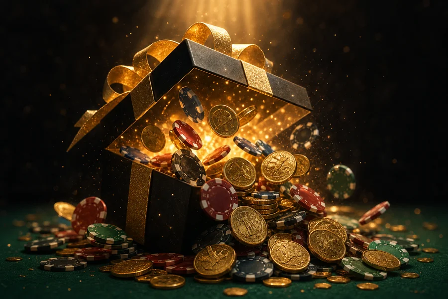 Gift box with gold ribbon, casino chips and Australian coins on green felt
