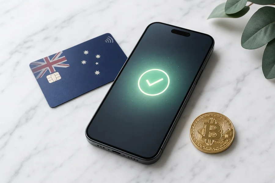 Smartphone payment confirmation with card and Bitcoin on marble