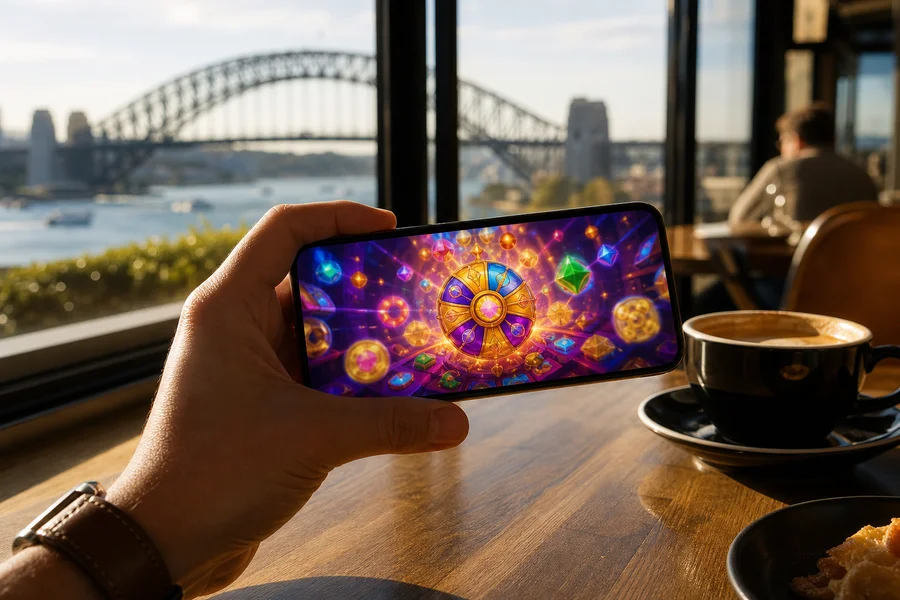 Hand holding a smartphone with a casino game, Sydney Harbour Bridge blurred in the background