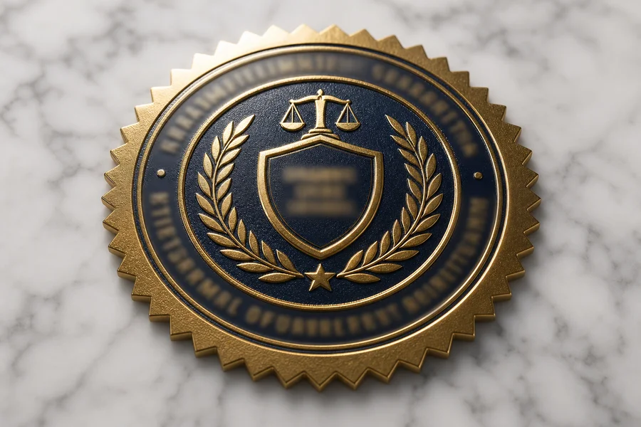 Gold regulatory certificate seal on white marble