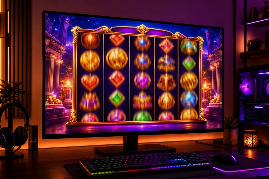 Large monitor showing a colourful slot game with neon glow