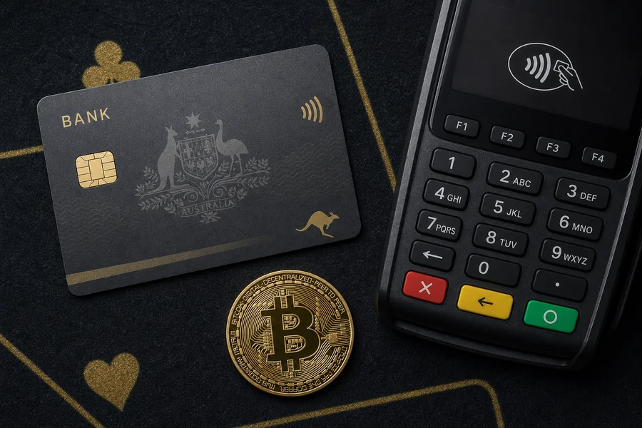 Payment card, terminal and Bitcoin coin on dark casino felt
