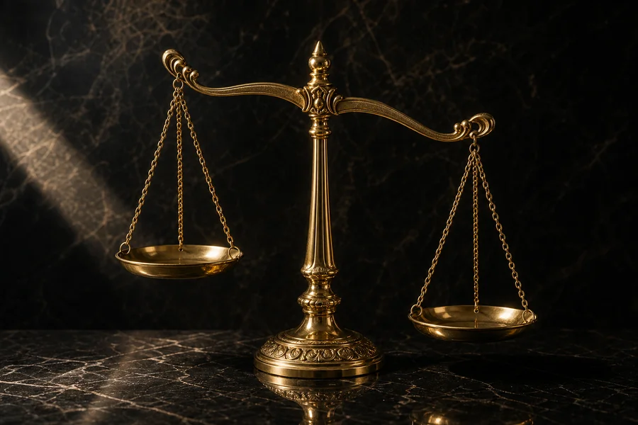 Gold balance scale on dark marble