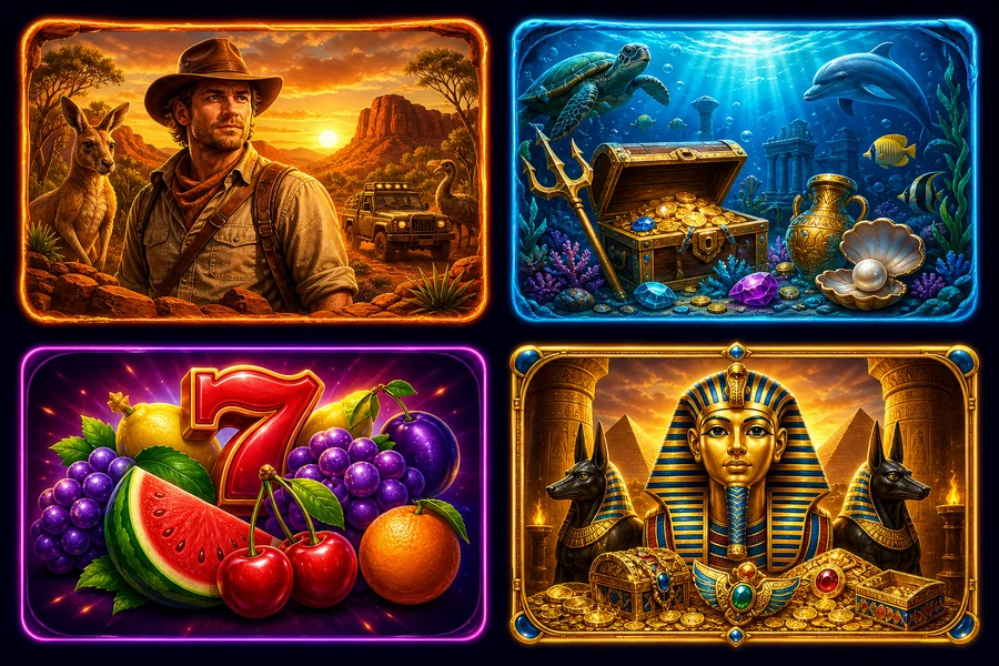 Four themed slot artworks in a grid on dark navy