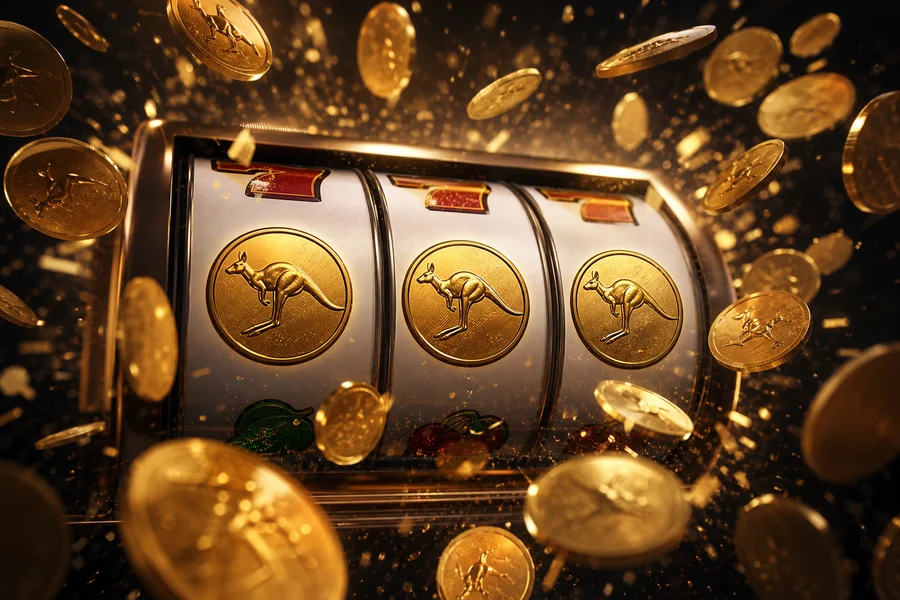 Slot reels near win with gold symbols and coin burst