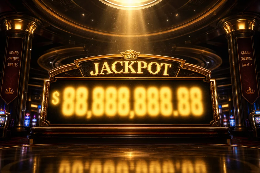Glowing jackpot counter display in a dark casino hall