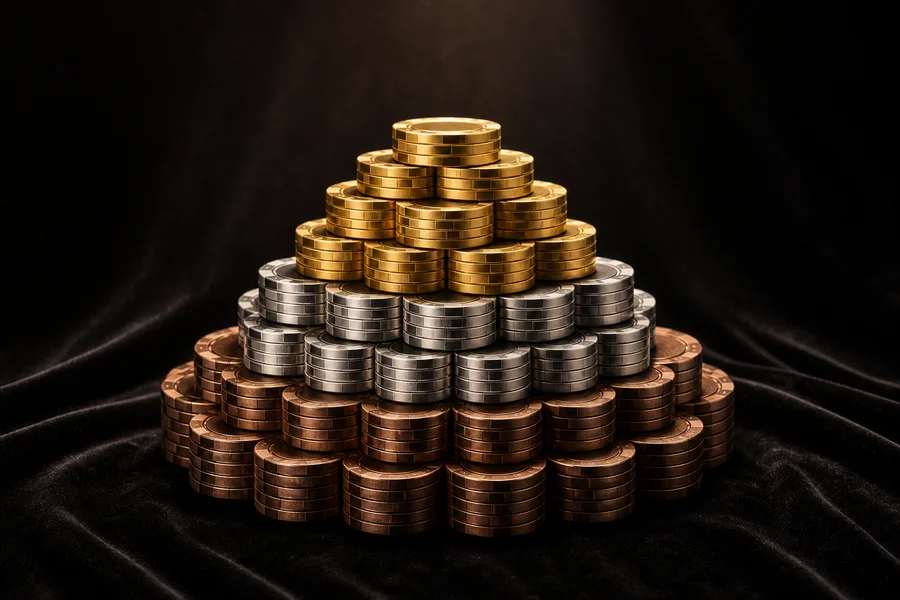 Pyramid of gold, silver and bronze casino chips on velvet