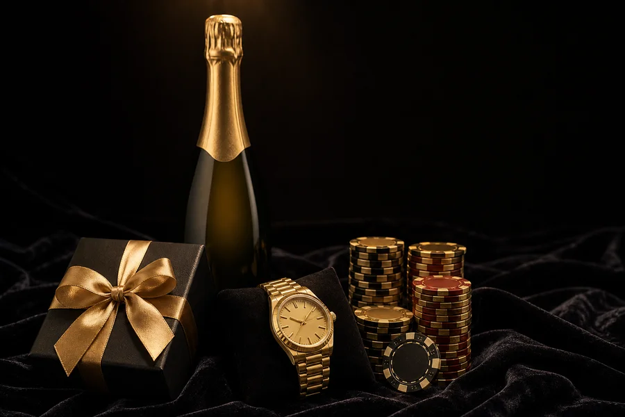 Luxury champagne, watch and casino chips under spotlight