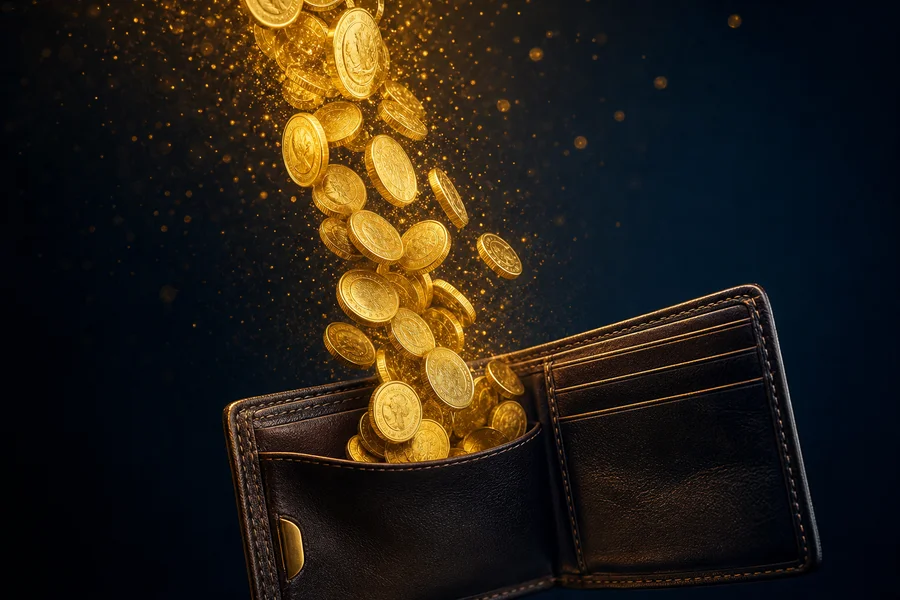 Gold coins flowing into a leather wallet on navy background