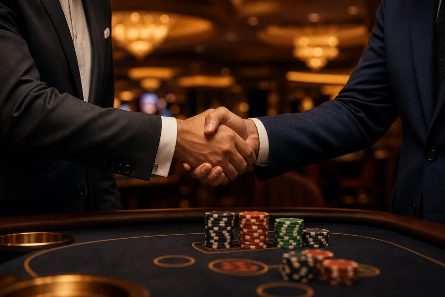 Two professionals shaking hands over a casino table with chips